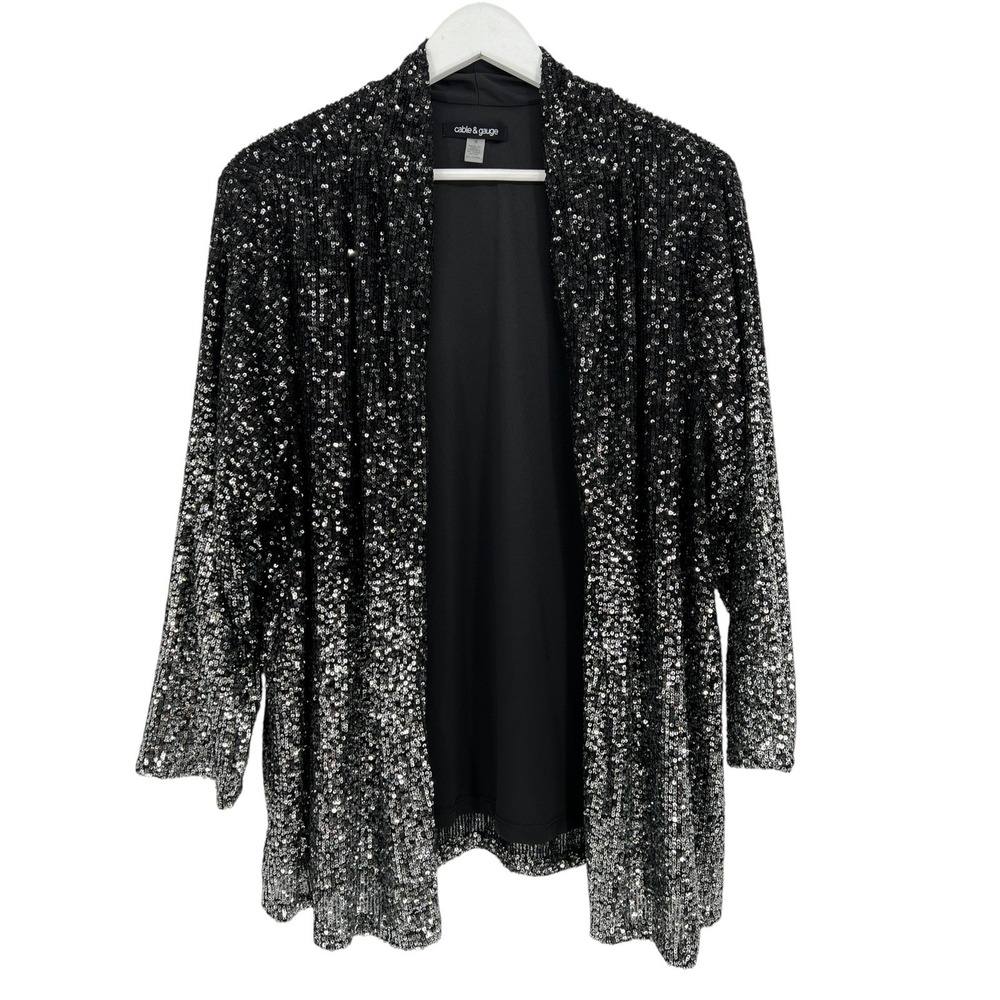Cable & Gauge Sequin Cardigan Women 1X Black Silver Ombre Open Front Party Glam